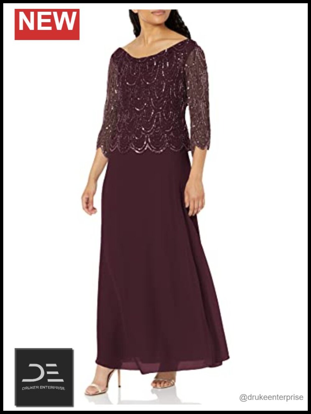 Petite 3/4 Scallop Beaded Pop Over Gown Formal Special Occasion Dress